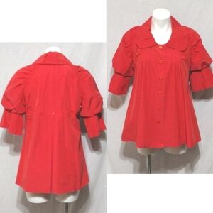 Puff Sleeve A-Line Tunic Coat Medium Peter Pan Collar Button Up Lightweight Chic